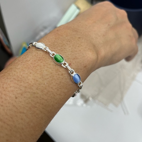 Stunning Vintage Sterling Silver Chainlink Bracelet with Multicolored Cabochons - Picture 2 of 16